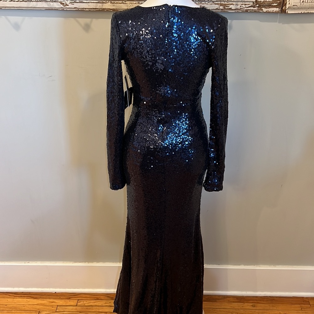 Lulu's Navy Sequin Long Sleeve V-Neck Prom Dress - Picture 5 of 9